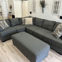 Sectional Blue Grey Couch With Ottoman