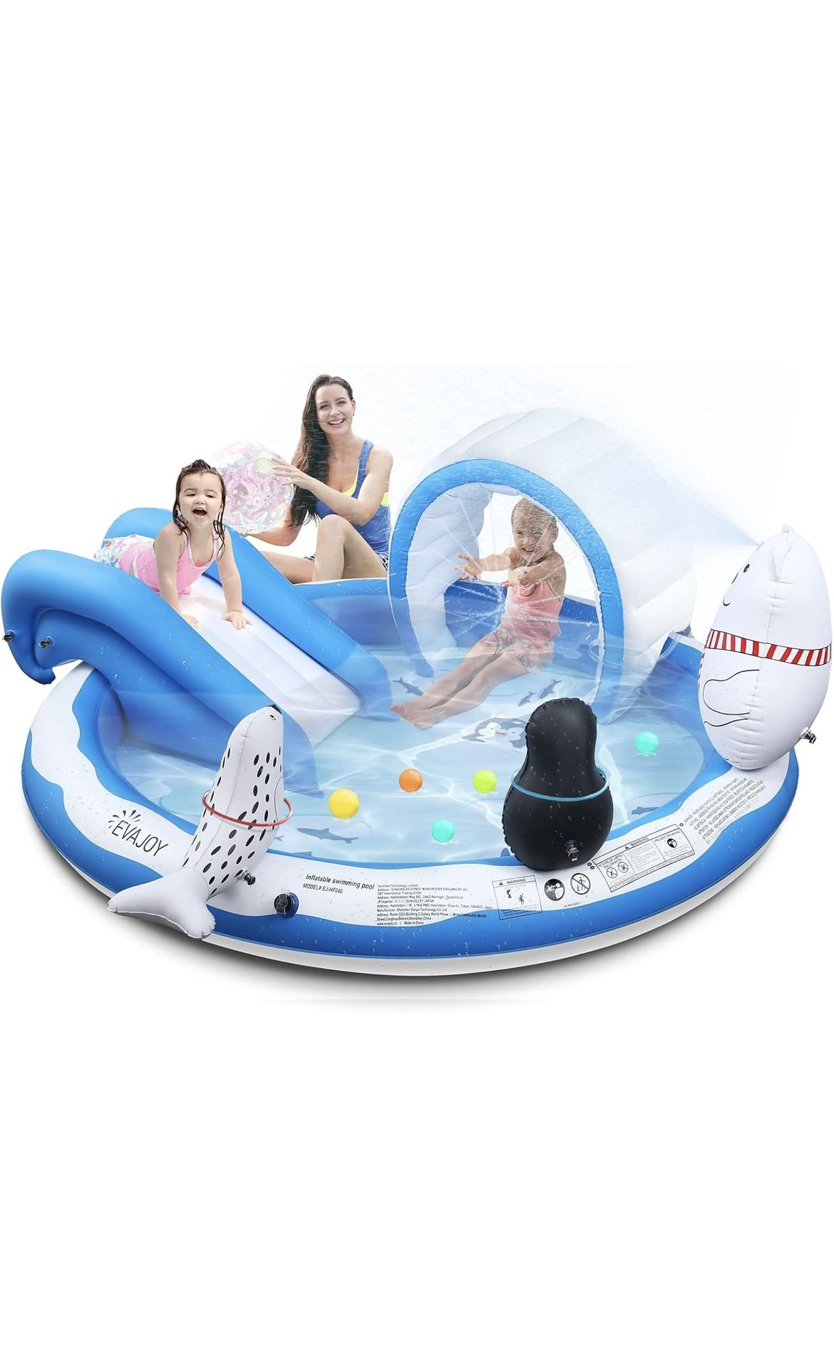Brand New Inflatable Play Center, EVAJOY Kiddie Pool with Slide for Children, Sprinkler, Ice & Snow Theme with Inflatable Dolls, Easy Setup for Garden