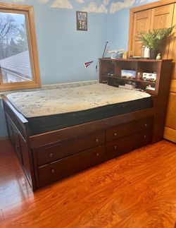 Bed Frame with Storage Drawers and Bookcase Headboard