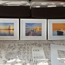 3-Piece White 11x14 Frame Set w/ Multiple Art Prints & Mat Inserts