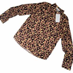 Womens S Leopard Print Long Sleeve Business Casual Blouse Black Brown Button Down Shirt