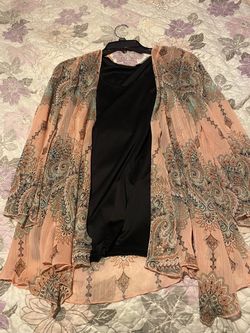 Dina and Ariel (XL) peach and multi-colored paisley sheer duster kimono paired with a black tank top