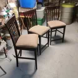 Set Of 3 Tall Bar Chairs - Mahogany Wood Finish, Tan Suede Seats
