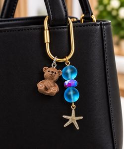 Cute Teddy Bear & Starfish Charm Keychain – Blue Beaded Coastal Bag Charm