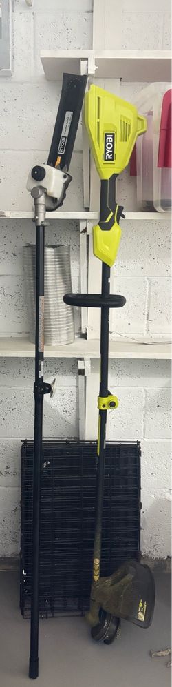 Ryobi cordless weedeater, expanded attachment, edition, and Ryobi chainsaw adapter for the Ryobi