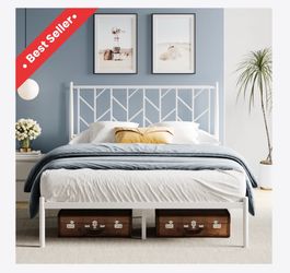 Sha Cerlin Full Size Metal Bed Frame w/ Vintage Headboard, White