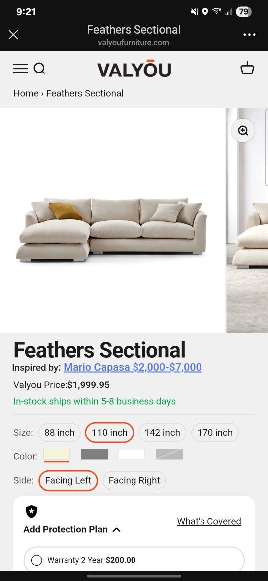 Valyou L Sectional 110" Sofa /w 3 Throw Pillows $300 obo