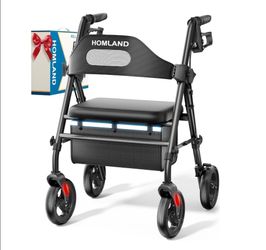 HOMLAND Foldable Rollator Walkers with Seat for Seniors, 8'' Big Wheels, 350 lb. Weight Capacity, Adjustable Handles and Seat Height, Lightweight Roll