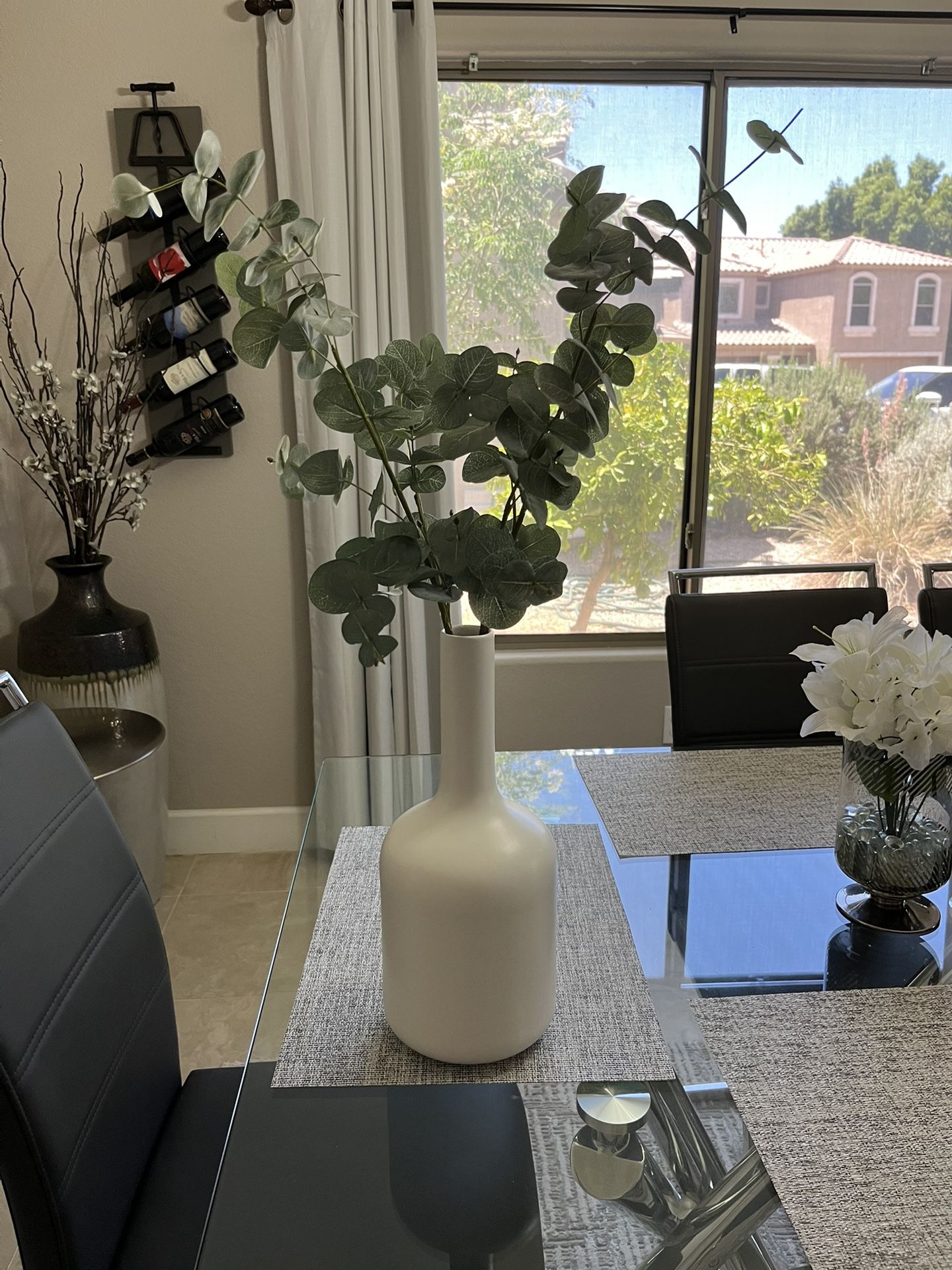 minimalist white vase with fake eucalyptus / hone decor
