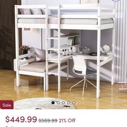 Twin Size Wood Loft Bed With Desk And Shelves(Santa Clarita)