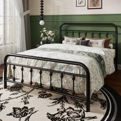 SHA CERLIN Full Metal Bed Frame with Victorian Iron-Art Headboard, Black