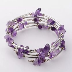 Natural Amethyst Stainless Steel Layered Bangle Bracelet Chakra Boho Gemstone Quartz Crystal Healing