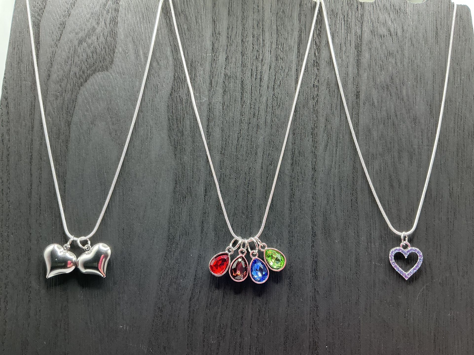 Necklace Set of 3 β Silver Hearts, Color Gem Charms, Sparkle Heart β Womenβs Fashion Jewelry β Gift π