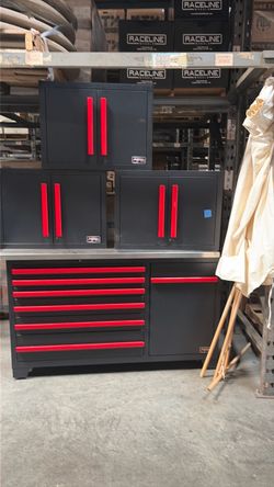 Barrett Jackson tool box with overhead cabinets
