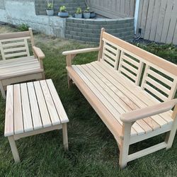 Wooden 3-seater bench with chair and coffee table 