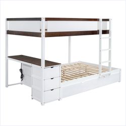 White and walnut twin wooden bunk bed with 3 drawers, integrated desk, and USB charging station $159