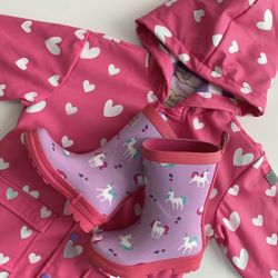 Hatley Hot Pink Hearts Raincoat Size 3/Hatley Light Purple Unicorn Boots Size 8