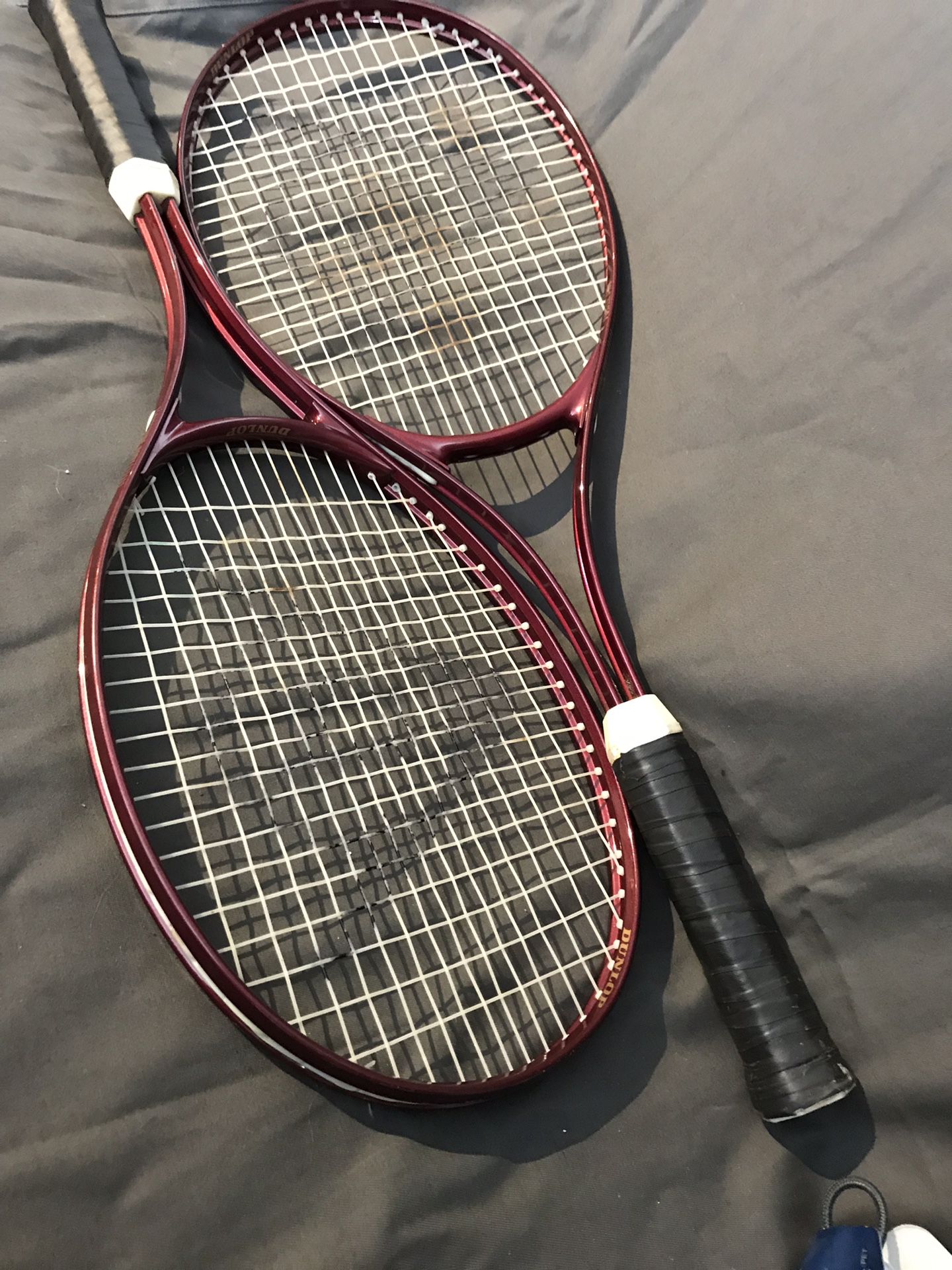 Prince tennis bag, 2 Dunlap tennis rackets, 2 racket covers