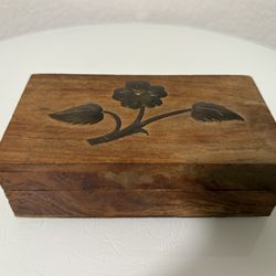 Trinket Box Wood with Floral Metal Appliqué 