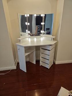 Vanity with Lights - Makeup Vanity Desk with Power Outlet, 3 Color Lighting Options Brightness Adjustable, 5 Rotating Drawers, Shelves and Stool for B
