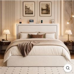 Full Size Lift Up Storage Bed Frame with LED Lights & Charging Station, Velvet Upholstered Platform Bed with Adjustable Headboard