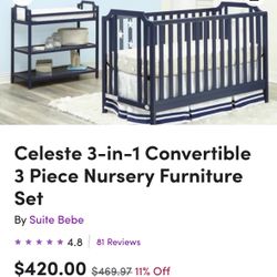 Baby Crib & Changing Table - Celeste 3-in-1 Convertible 3 Piece Nursery Furniture Set