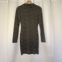 Lulus Cool Girl Status Mock Neck Mini Dress M Black Tan Geo Long Sleeve EUC