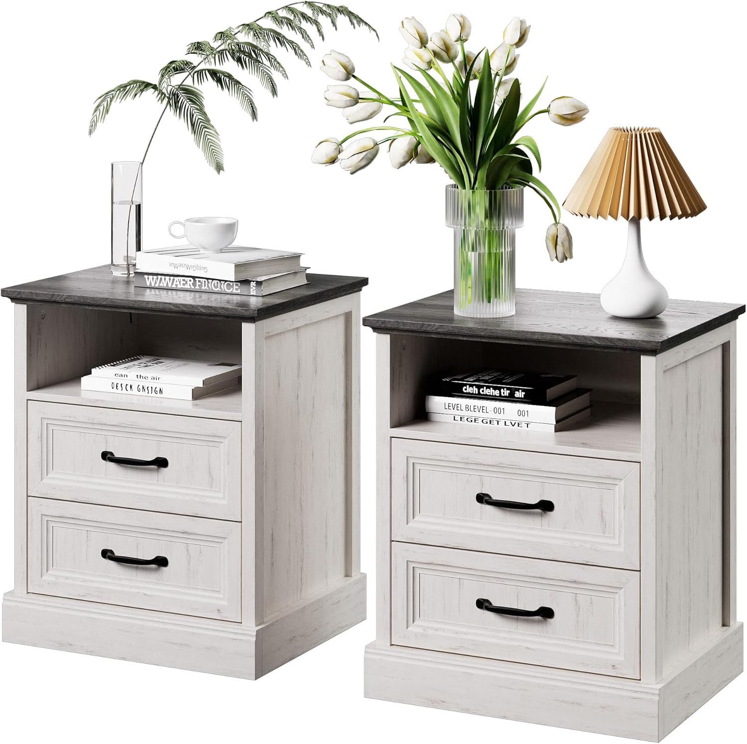 Farmhouse Night Stand Set of 2, End Table with Drawers Storage, Wood Sofa Side Table with Open Shelf, Bedside Table for Living Room, Bedroom, White