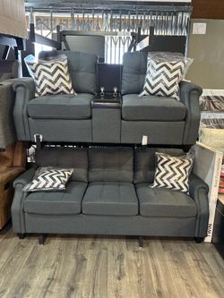 2-Piece Sofa Set Sofa & Loveseat W/USB Console-Blue Grey READ DESCRIPTION 👇🏻