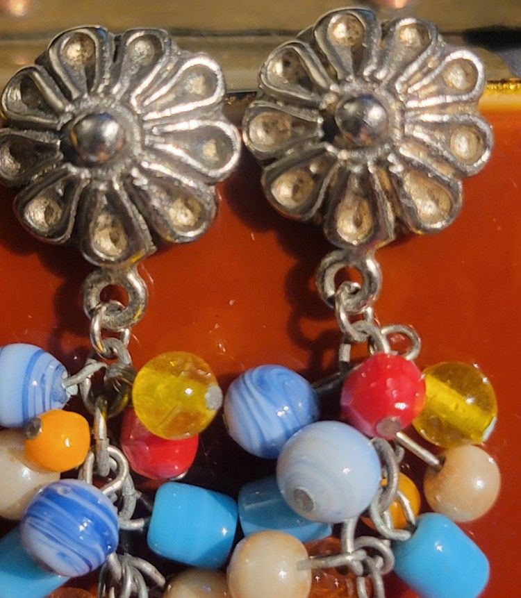 Vintage Silver Glass Beaded Earrings