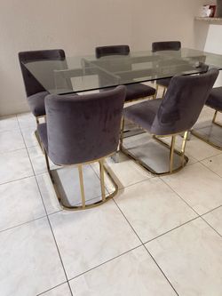 Glass Table w/ 6 Velvet Chairs