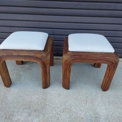 Pair of Mid Century Modern Pencil Reed Rattan Stools in The Style of Gabriella Crespi. 