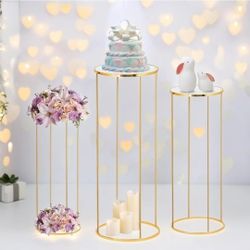 3pcs Gold Metal Cylinder Pedestal Stands for Party, Metal Plant Columns Pedestal Stands for Display, Round Cylinder Columns tables