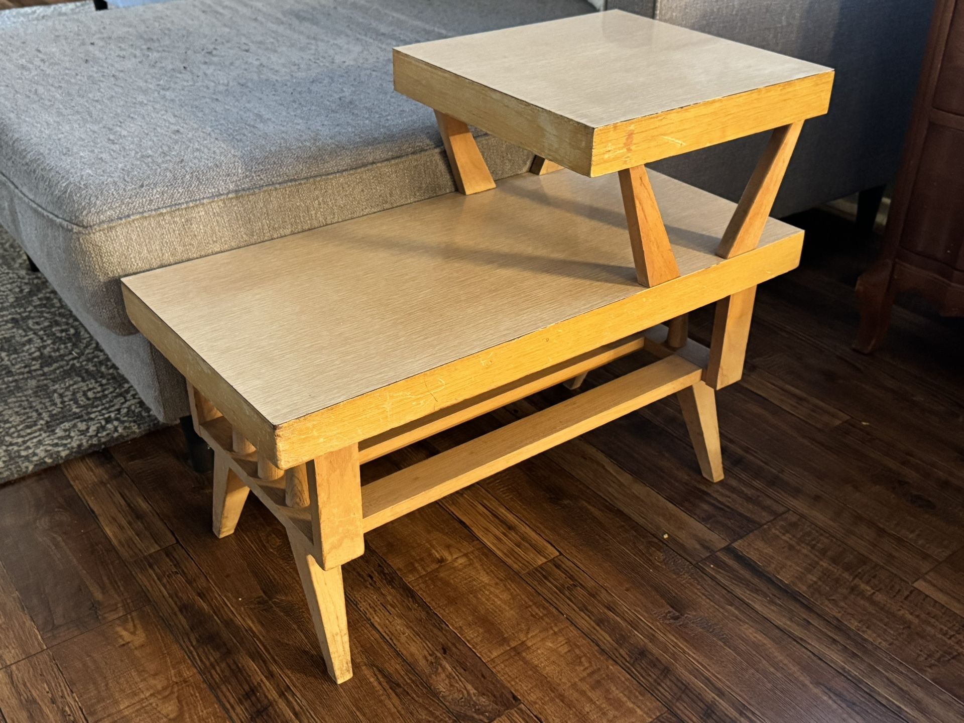 Vintage 1950s Blonde Formica Wooden Two Tier Mid Century MCM End Table
