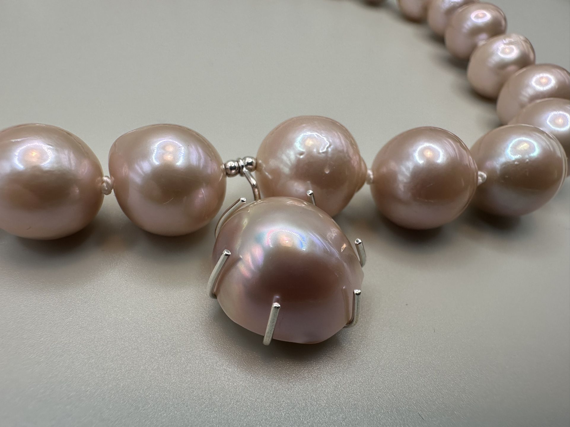 Big Mauve Pink Pearl Necklace, Mabe Pearl Pendant, 925 Sterling