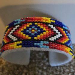 Handmade Beaded Diamond Pattern Multicolor Leather Bracelet 