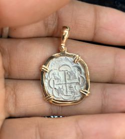 Atocha silver coin pendant in 14k gold bezel