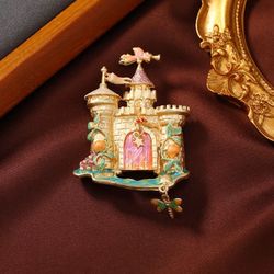 Vintage Fantasy Fairy Tale Castle Brooch Fashion Openable Light Luxury Tassel Pendant Coat Pin