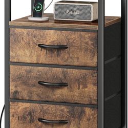 Nightstand with Charging Station, 27.6 Inch Bedside Table with Fabric Drawers, End Table with USB Ports and Outlets, Night Stand for Bedroom, Rustic B