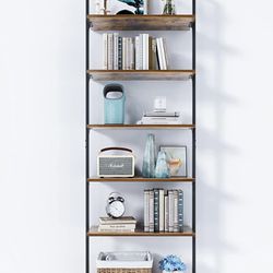 6-Tier Ladder Shelf, 87 Inches Wall Mounted Ladder Bookshelf with Metal Frame, Open Industrial Shelves for Home Office, Bedroom and Living Room, Rusti
