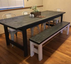 Custom 8 ft Farmhouse table, bench and 4 distressed bistro chairs