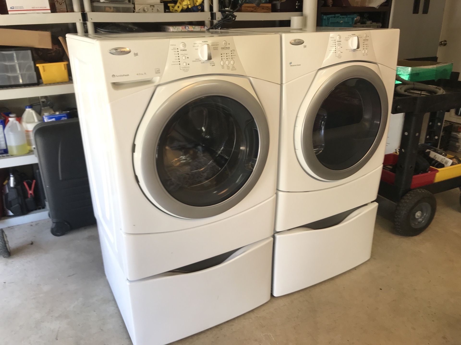 Whirlpool Duet Front Load Electric Washer and Dryer with pedestals. Washer WFW9150WW00 with stainless steel tub 4.0 Cu. Ft. 10 cycles energy star and