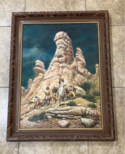 Vintage Framed Original Oil Painting Signed by Tang “The Savage Taunt” (26 3/4” Wide x 34” Tall)