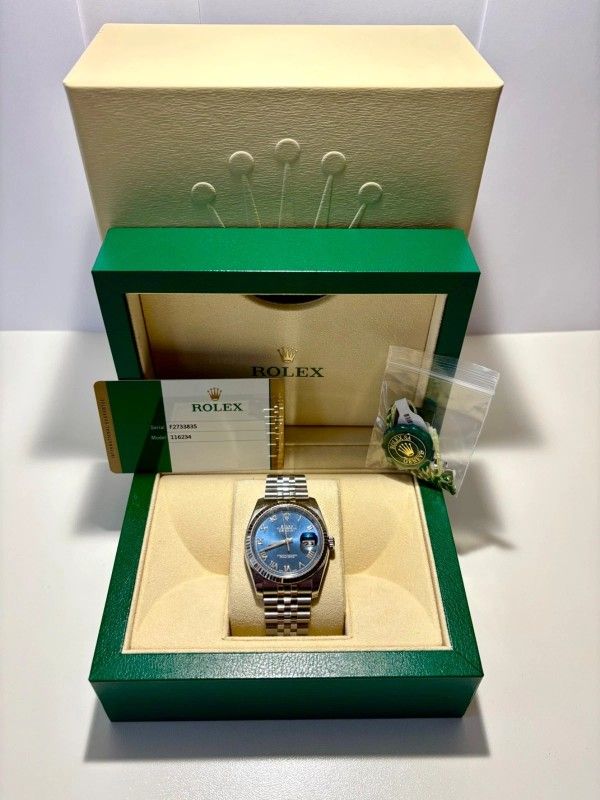 Rolex Datejust Blue Roman dial Jubilee strap White Gold Fluted Bezel 36mm 116234