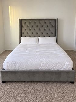 QUEEN Gray Velvet Tufted Wingback Bed Frame