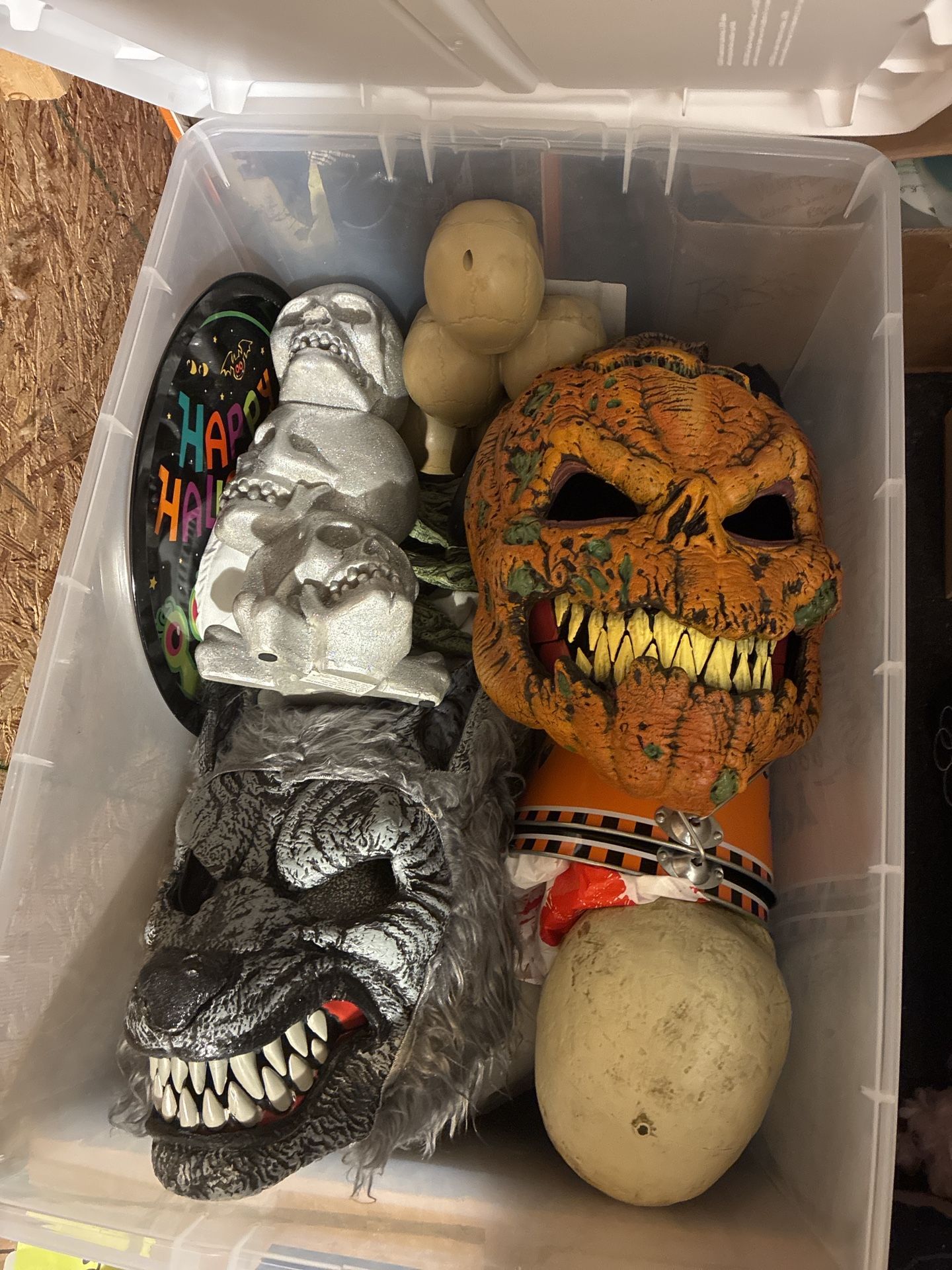 Halloween decor —fog Machine Never Used—Masks,Pumpkins, Skeleton Bones and More