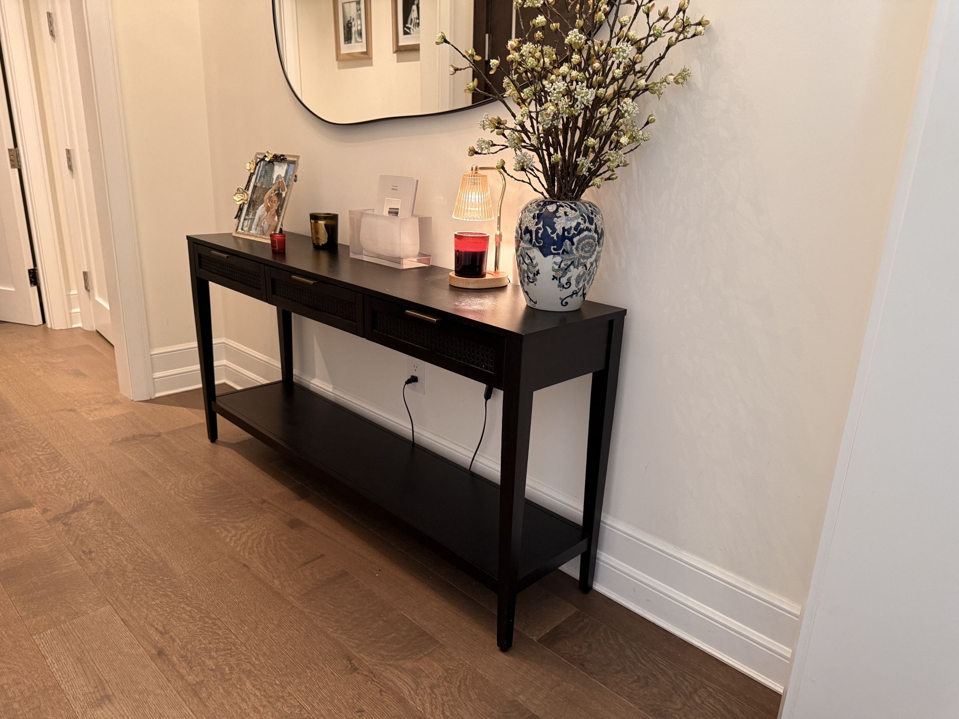 Sleek Modern Console Table with Brass Accents & Storage