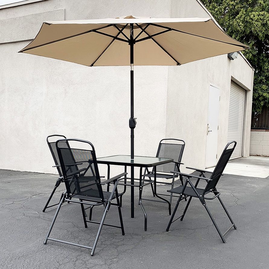 (Brand New) $140 Outdoor 6pcs Patio Set with 32x32” Table, 4pc Folding Chairs and 10ft Tilt Umbrella