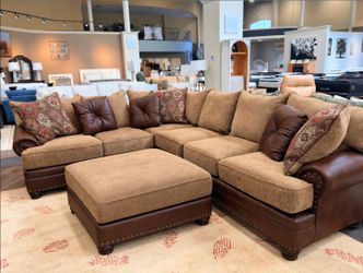 7-Piece L-Shaped Sectional Sofa + Matching Ottoman – Leather & Fabric