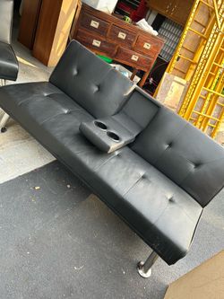 Black Faux Leather Futon Sofa with Cup Holders